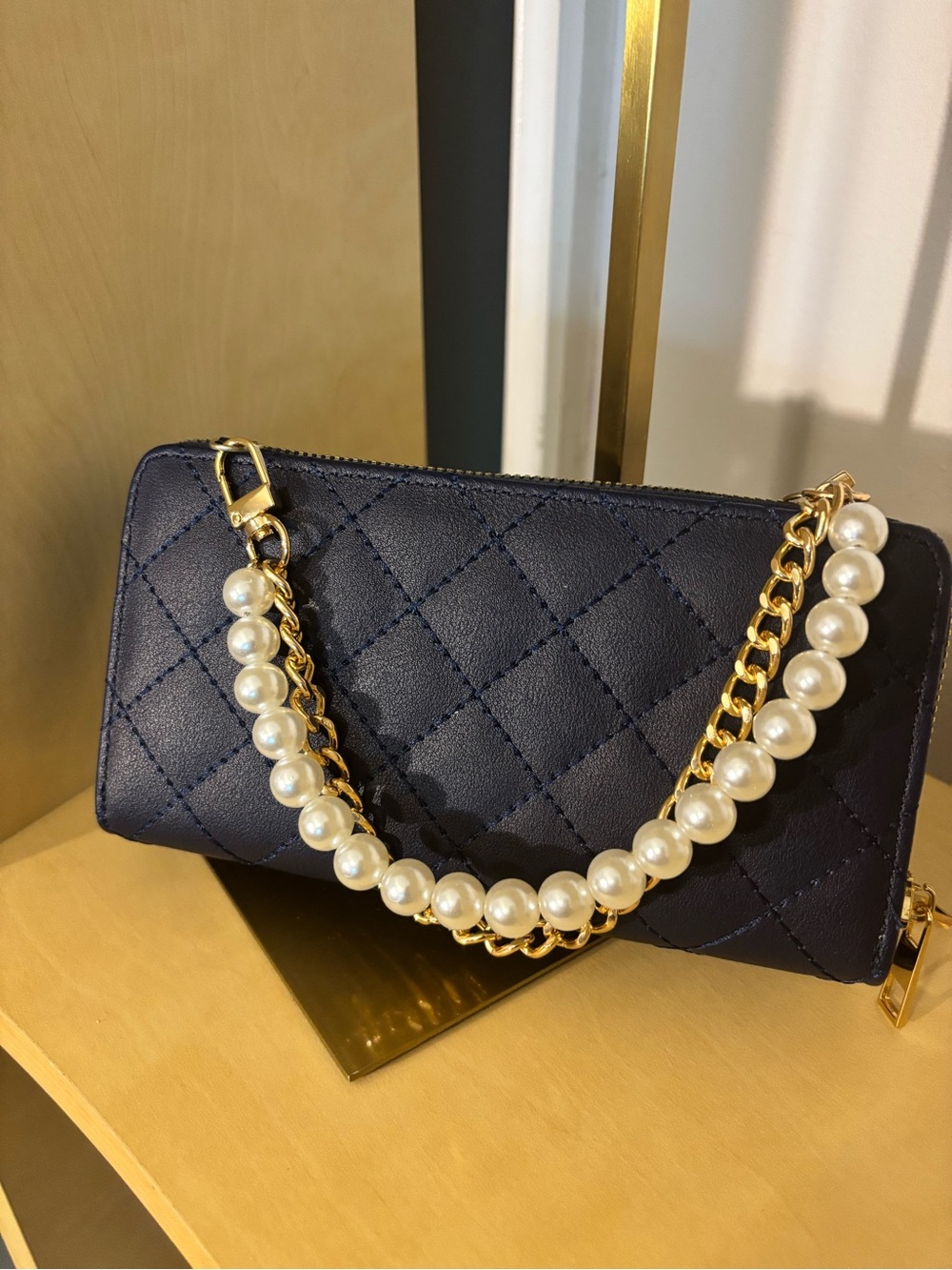 Quilted Navy Pearl-Accented Women's Clutch